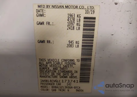 2020 Nissan Altima Sr Fwd из США, поврежденный, VIN 1N4BL4CV6LC173741